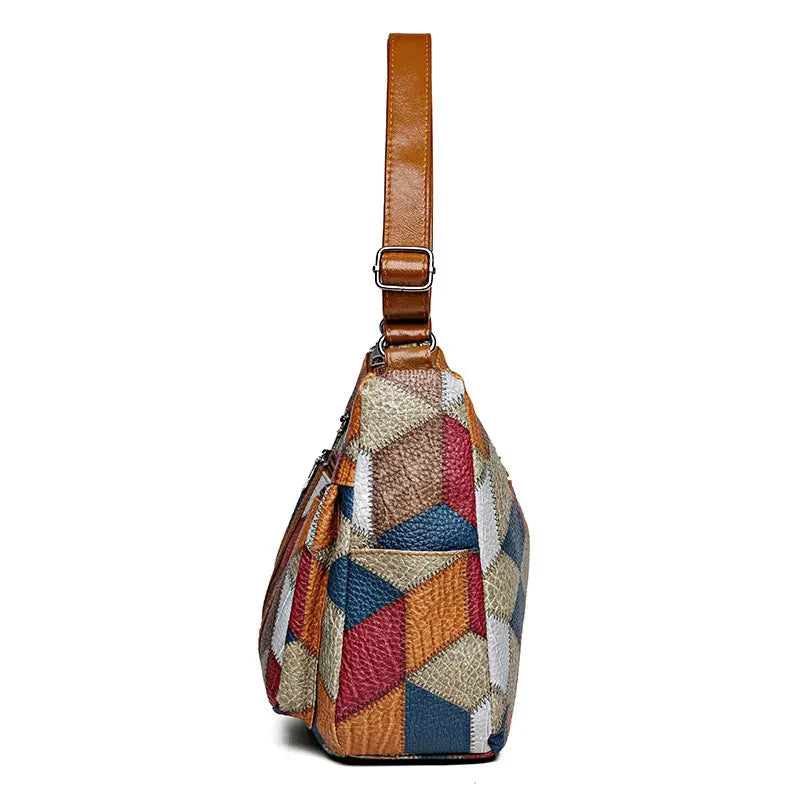 Women's Patchwork Everyday Crossbody Bag with Faux Leather Trims