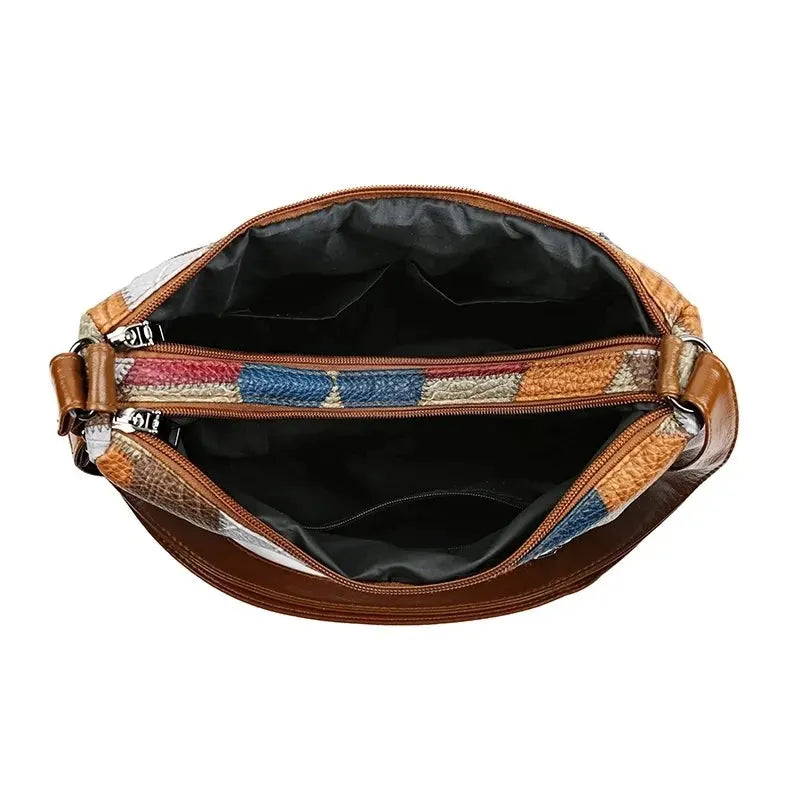 Women's Patchwork Everyday Crossbody Bag with Faux Leather Trims