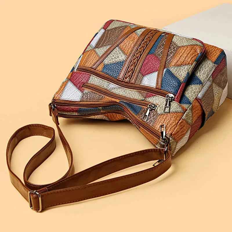 Women's Patchwork Everyday Crossbody Bag with Faux Leather Trims