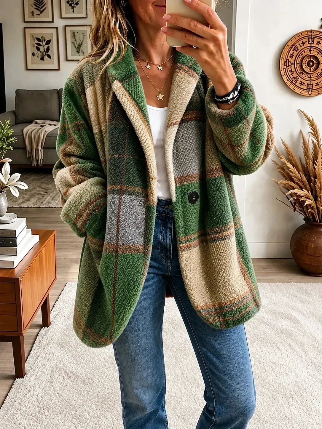 Women's Plaid Button-Front Warm Cardigan Coat