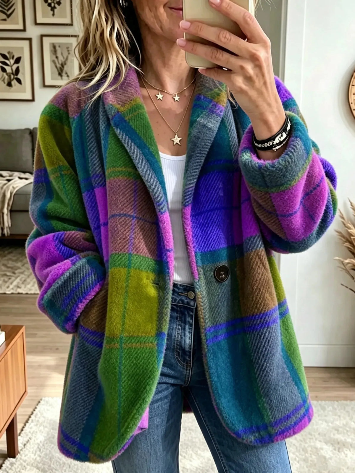 Women's Plaid Button-Up Coat with Pockets