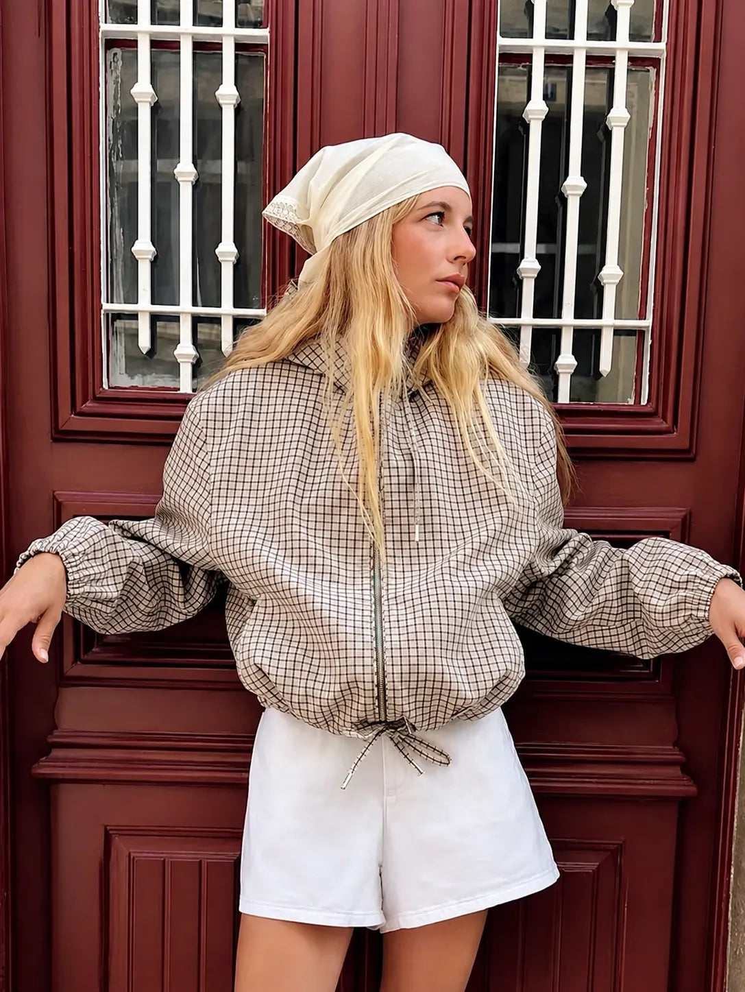 Women's Plaid Hooded Cropped Jacket with Drawstring Hem