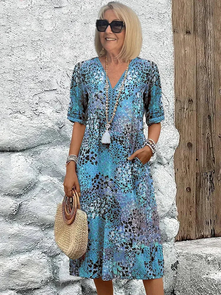 Women's Printed Midi Dress with V-Neck and Pockets
