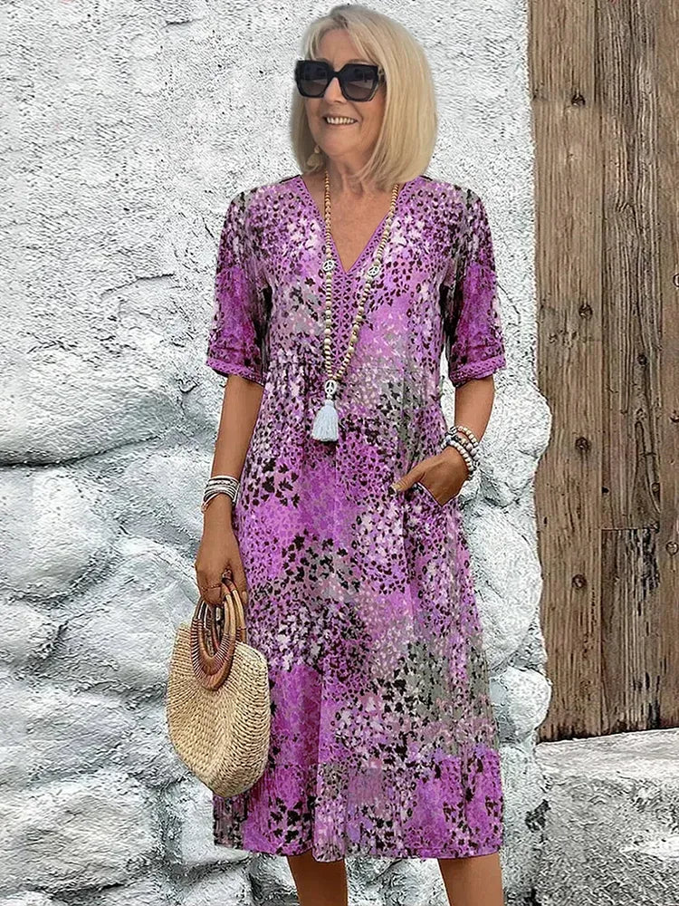 Women's Printed Midi Dress with V-Neck and Pockets