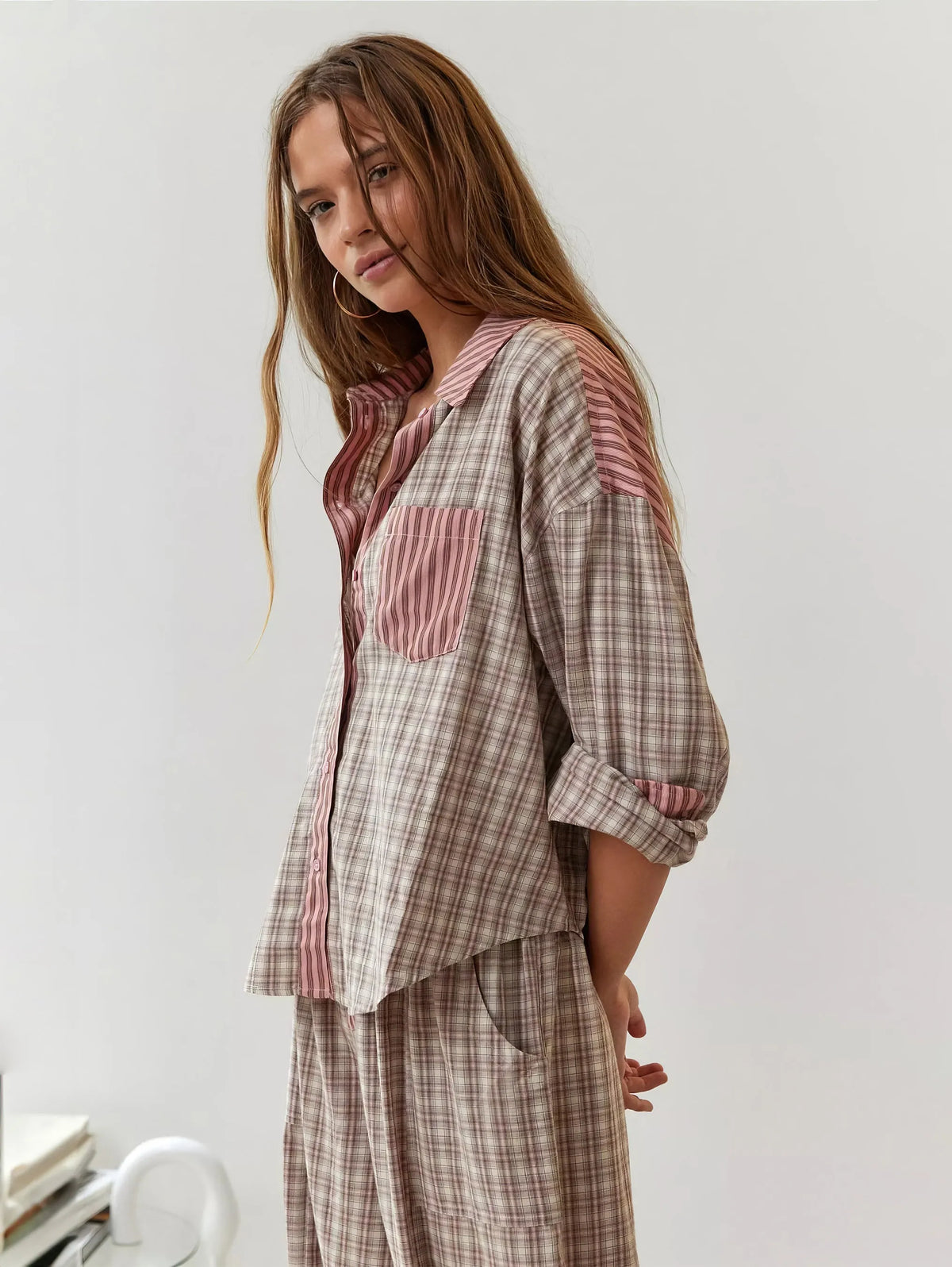 Women's Pyjama Set with Button-Down Shirt and Elastic Waist