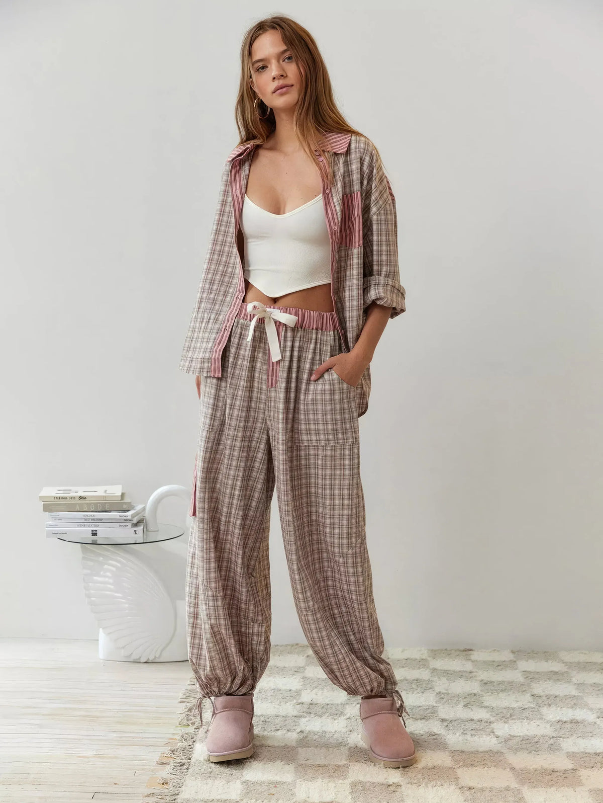 Women's Pyjama Set with Button-Down Shirt and Elastic Waist