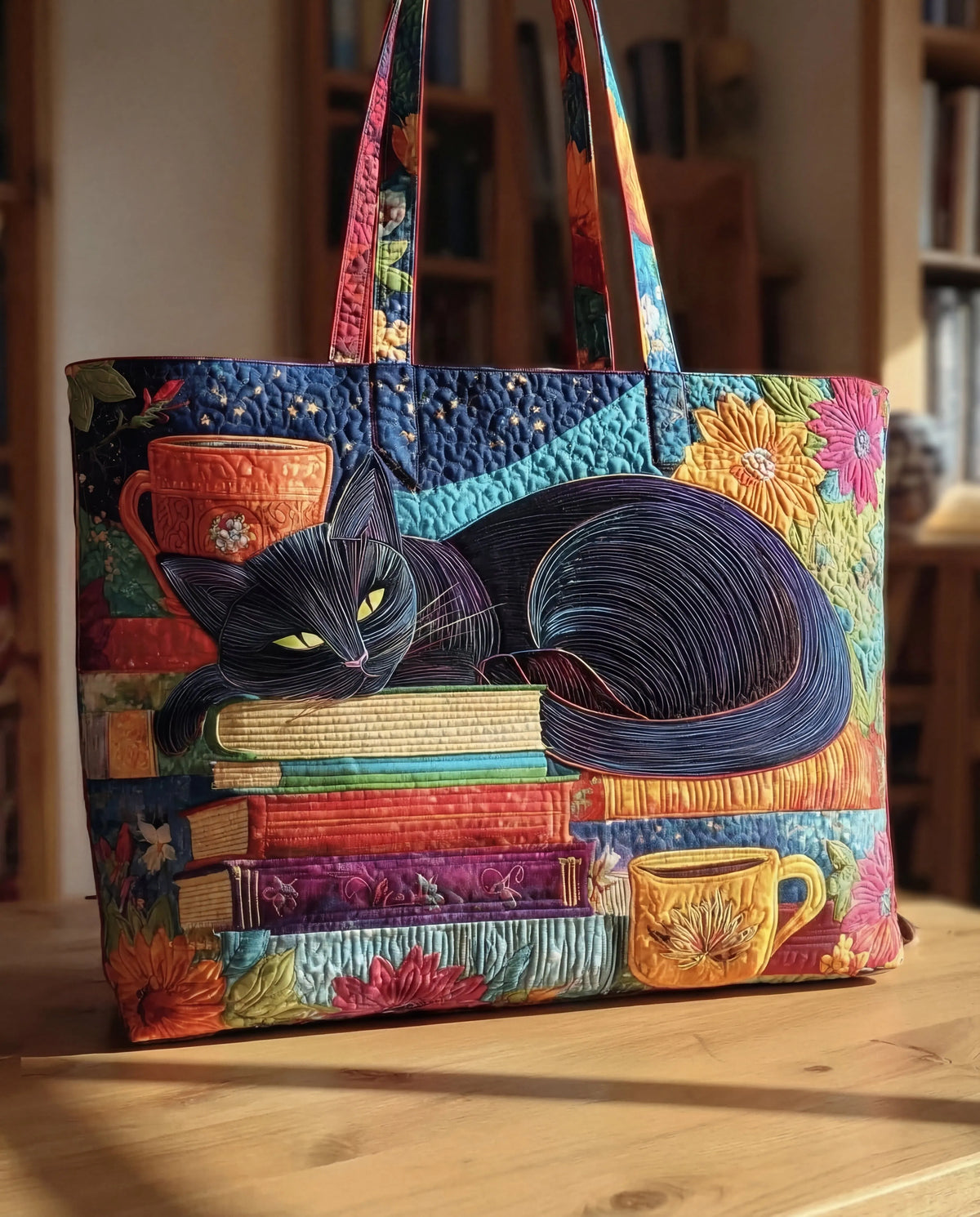 Women's Quilted Tote Bag with Black Cat and Books Print