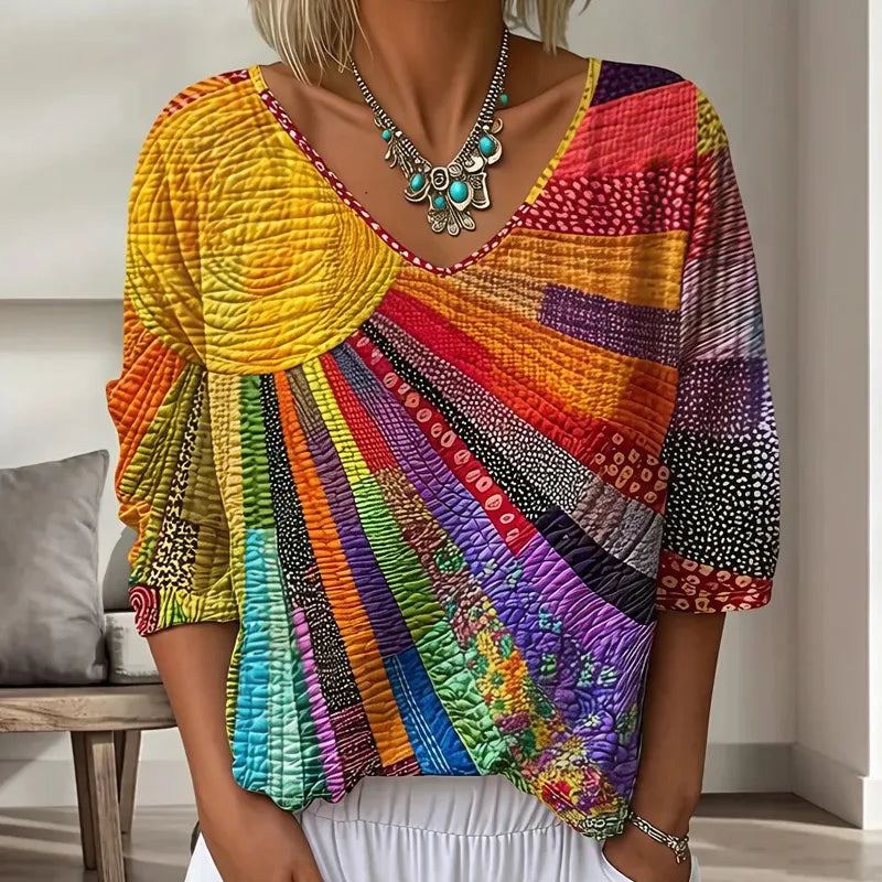 Women's Retro Patchwork Blouse with V-Neck