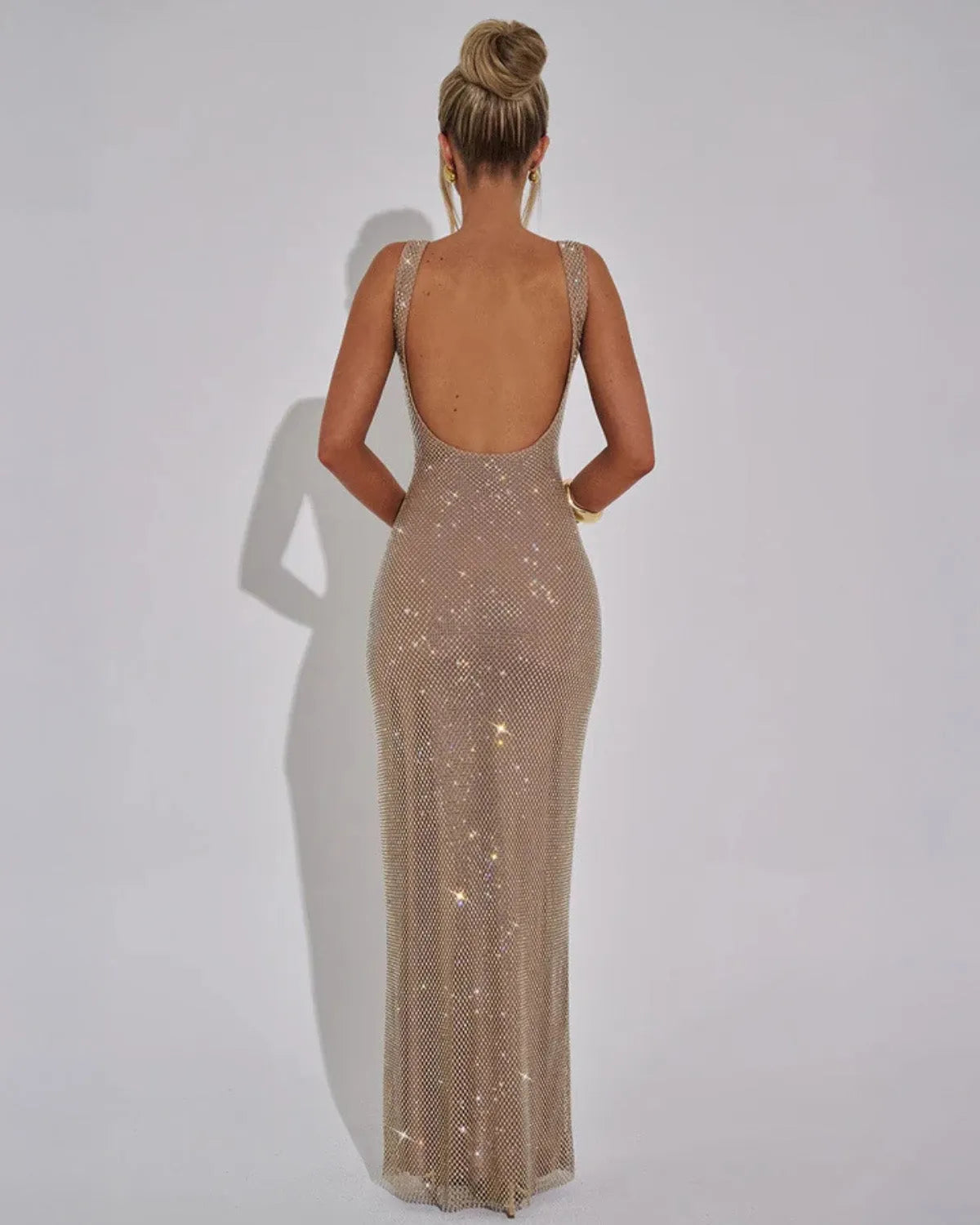 Women's Rhinestone Square Neck Maxi Dress with Bodycon Fit
