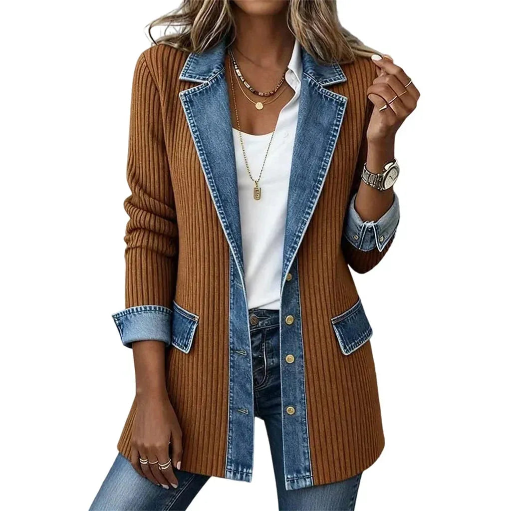 Women's Ribbed Knit Coat with Structured Lapels