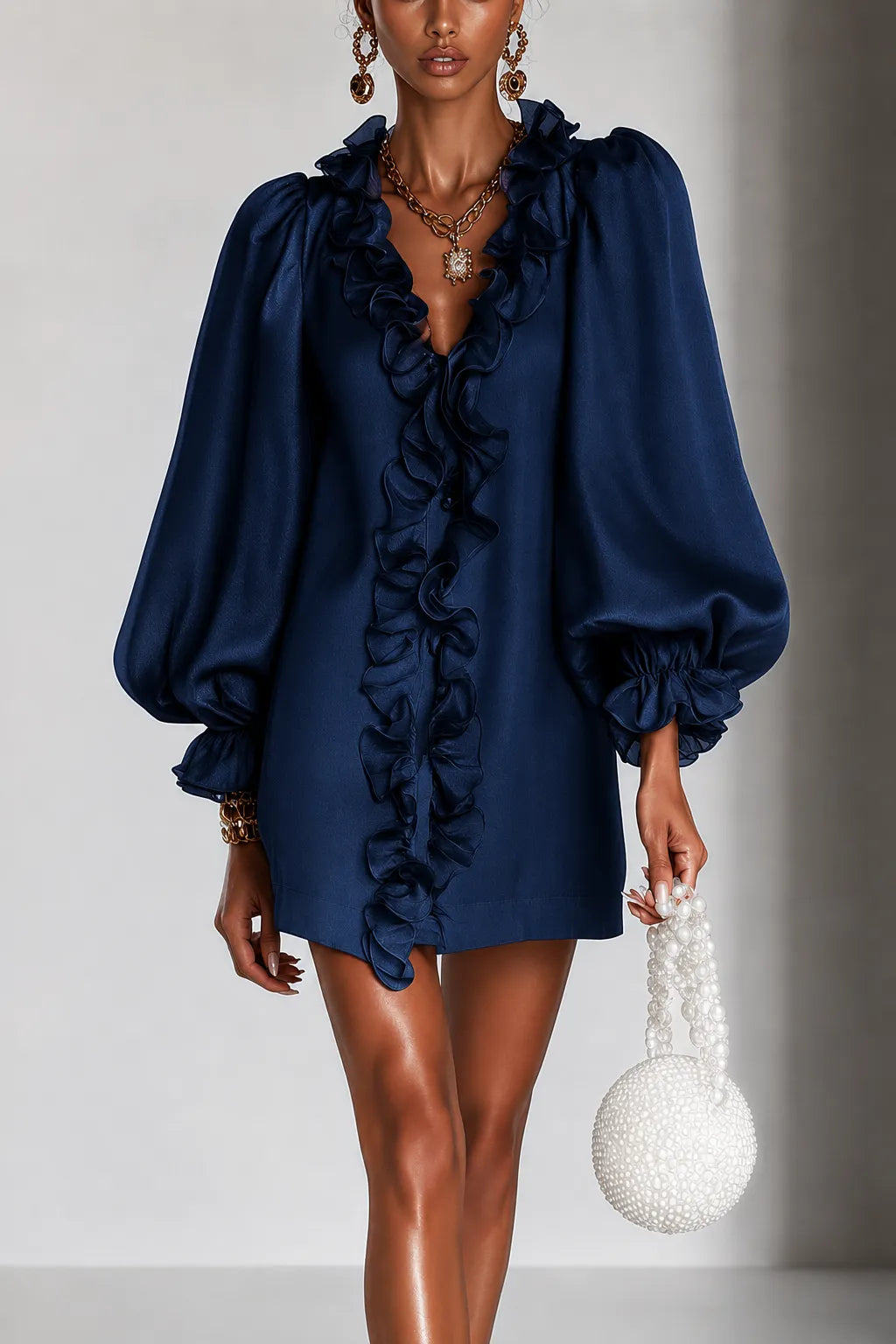 Women's Ruffled Mini Dress with Puff Sleeves