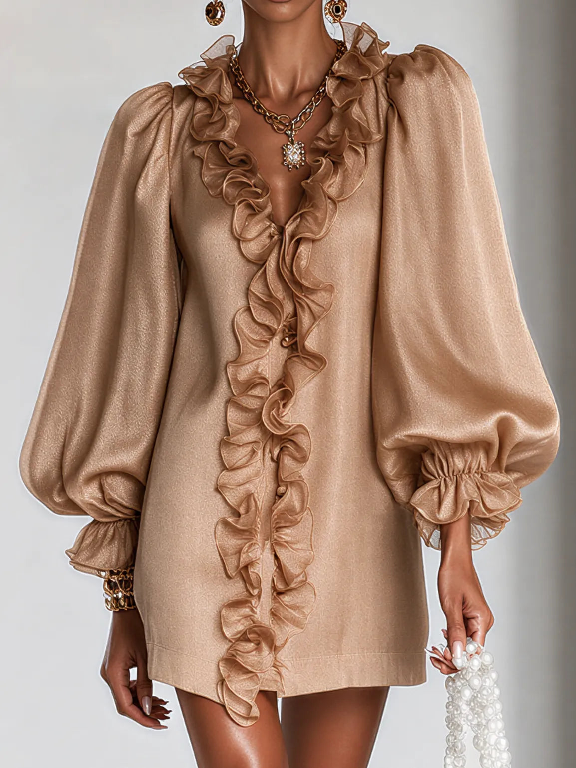 Women's Ruffled Mini Dress with Puff Sleeves
