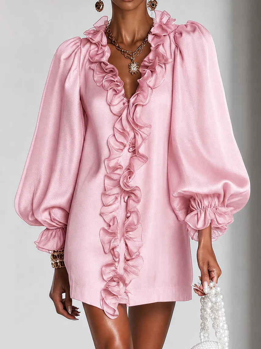 Women's Ruffled Mini Dress with Puff Sleeves