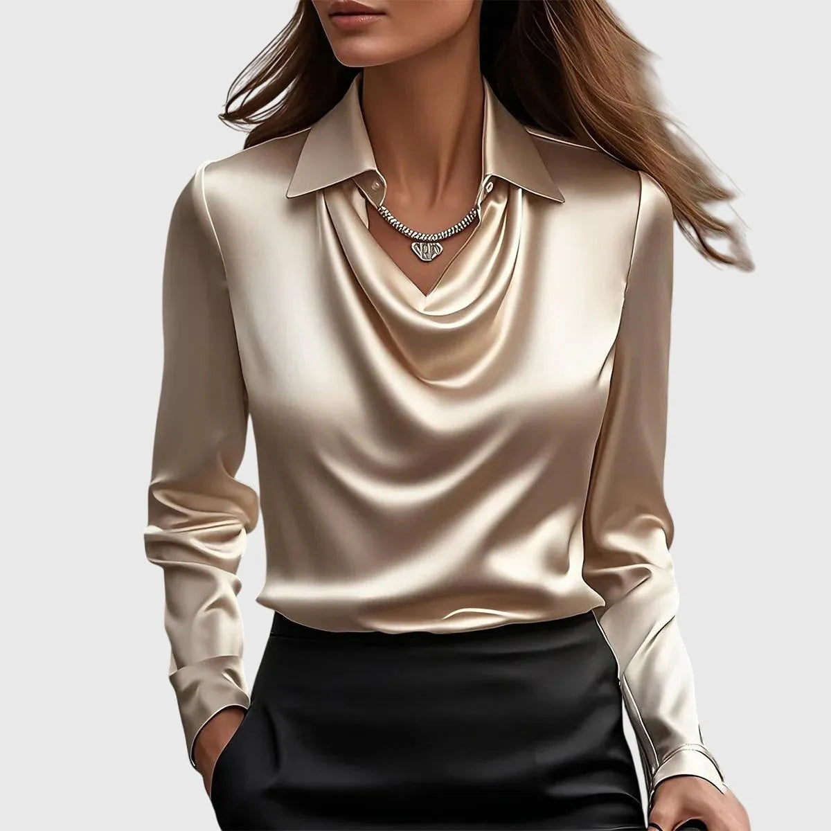 Women's Satin Cowl Neck Long Sleeve Blouse