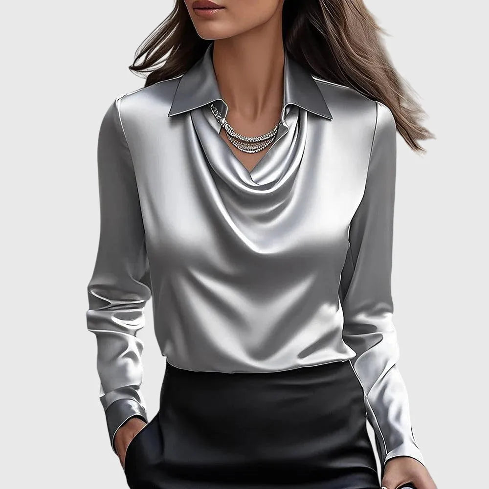 Women's Satin Cowl Neck Long Sleeve Blouse