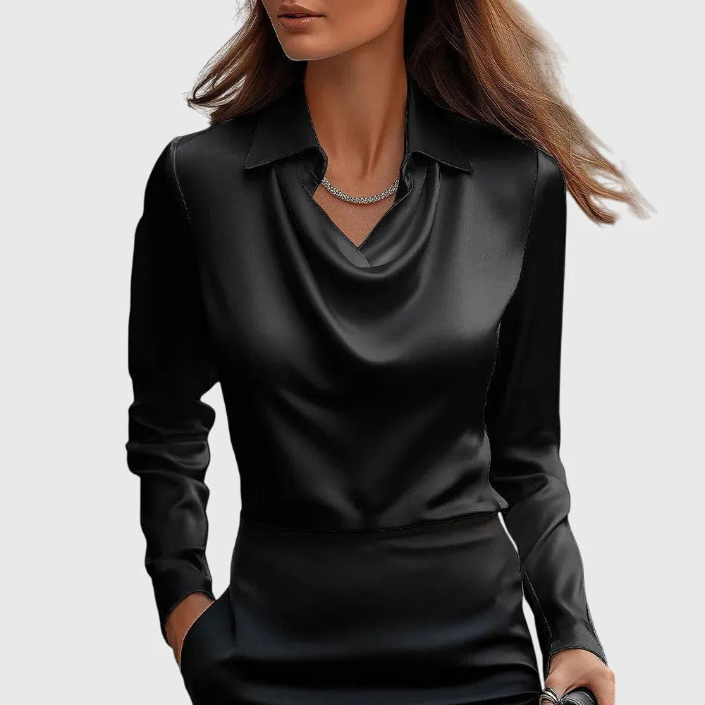 Women's Satin Cowl Neck Long Sleeve Blouse