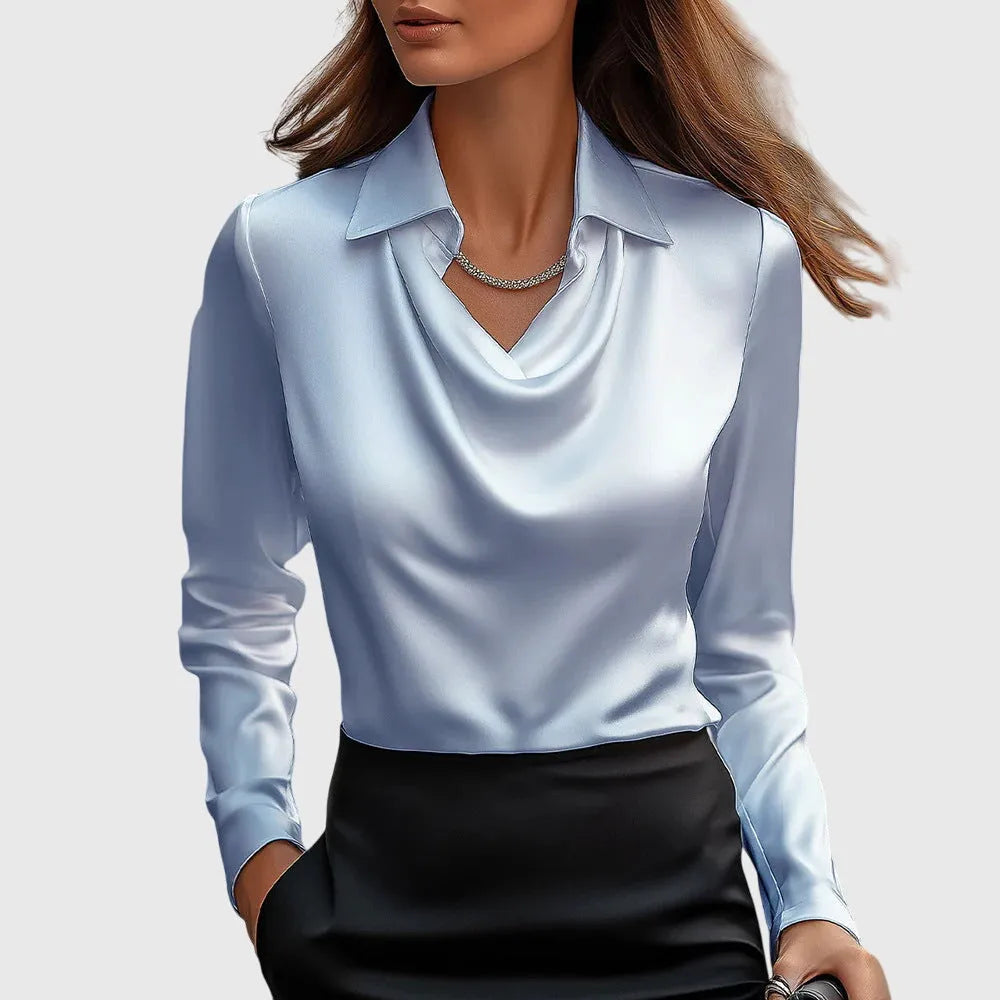 Women's Satin Cowl Neck Long Sleeve Blouse