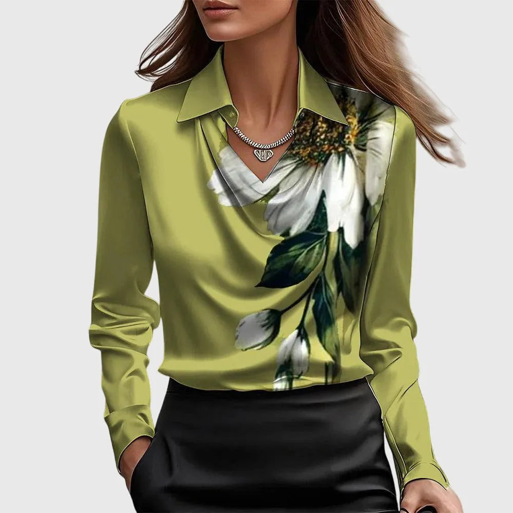 Women's Satin Cowl Neck Long Sleeve Blouse