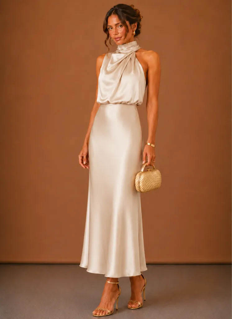 Women's Satin Halter-Neck Maxi Dress with Flowing Hem