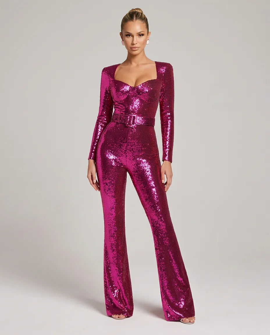 Women's Sequin Sweetheart Neck Jumpsuit with Belt