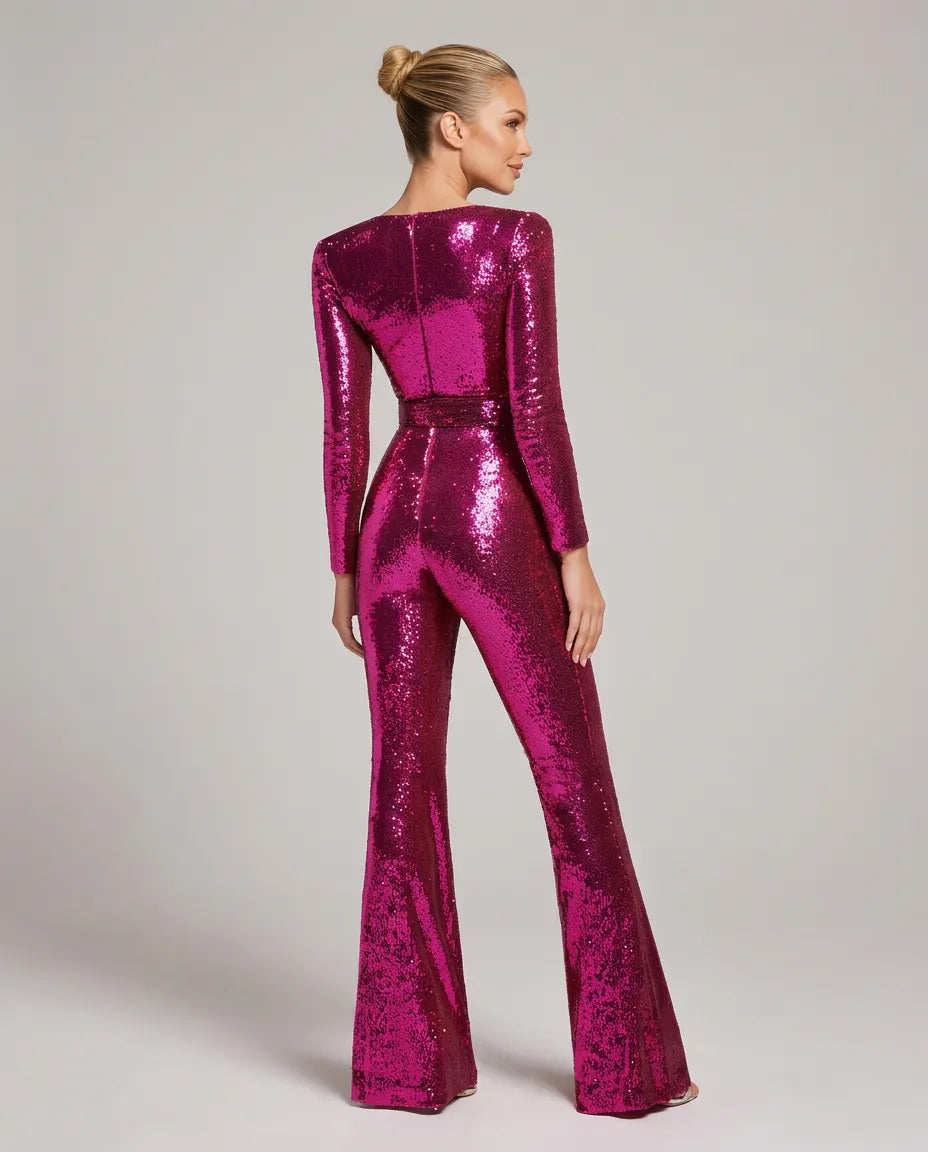 Women's Sequin Sweetheart Neck Jumpsuit with Belt
