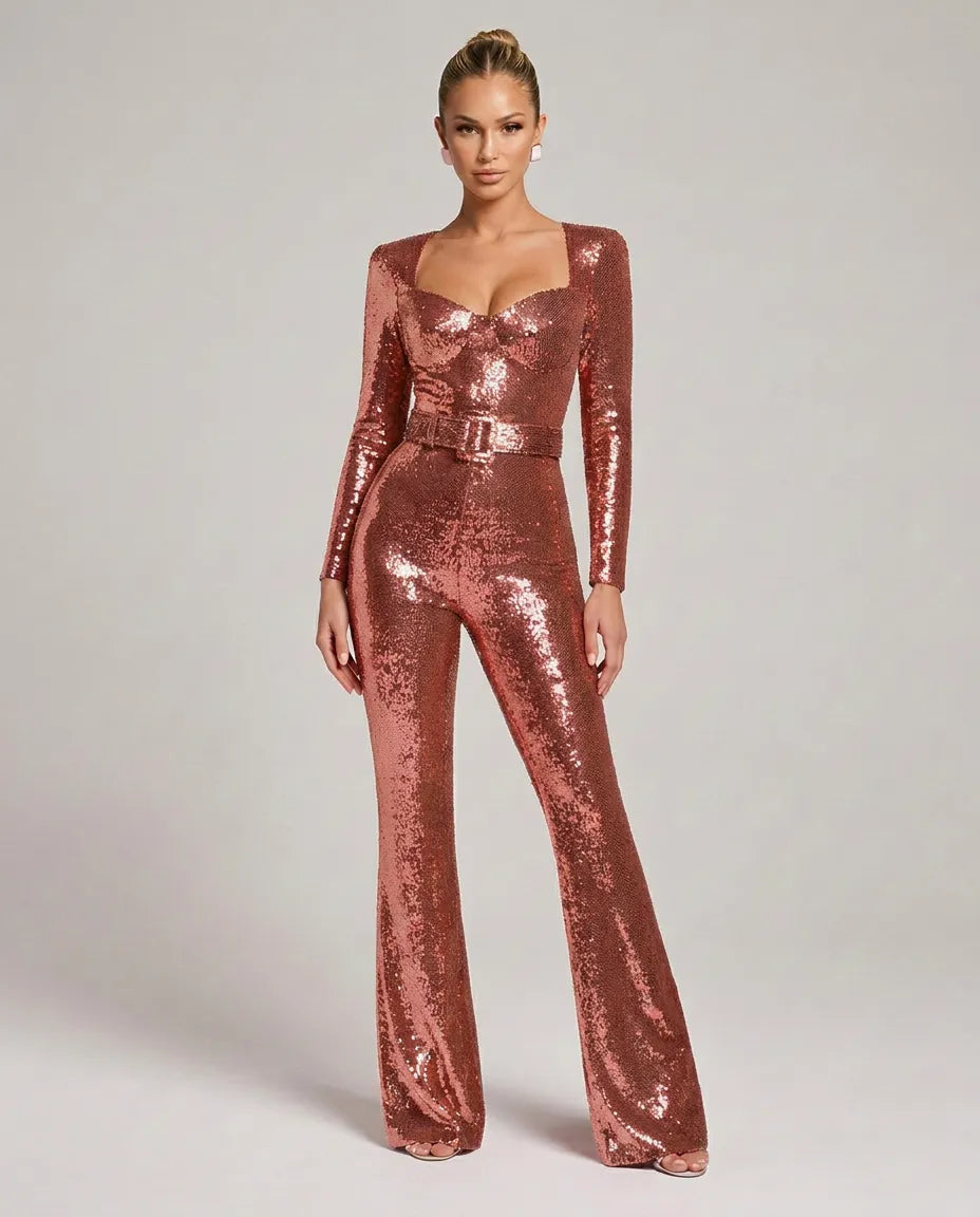 Women's Sequin Sweetheart Neck Jumpsuit with Belt