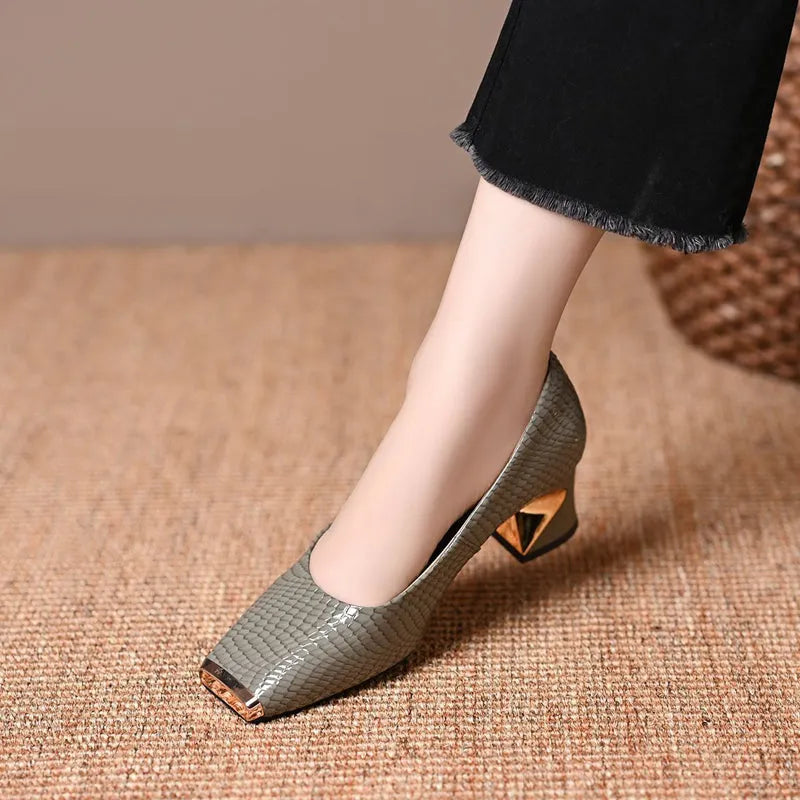 Women's Snake Print Square Toe Pumps with Block Heel