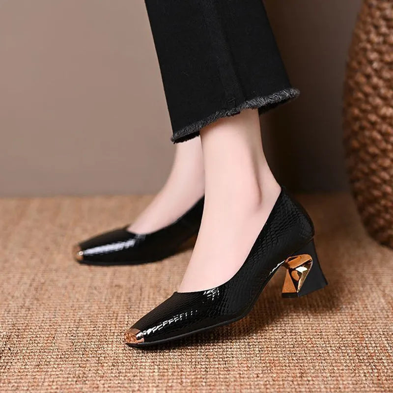 Women's Snake Print Square Toe Pumps with Block Heel