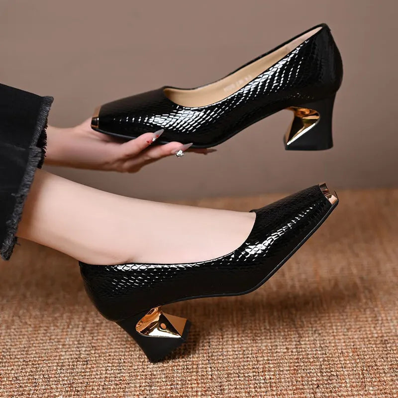 Women's Snake Print Square Toe Pumps with Block Heel