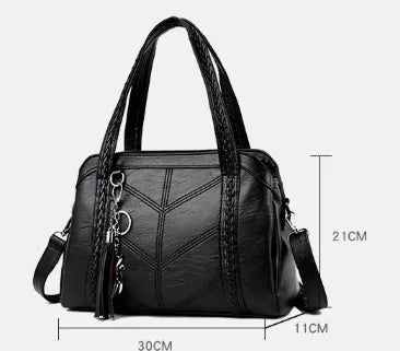 Women's Spacious Faux Leather Tote Bag with Tassel Keychain