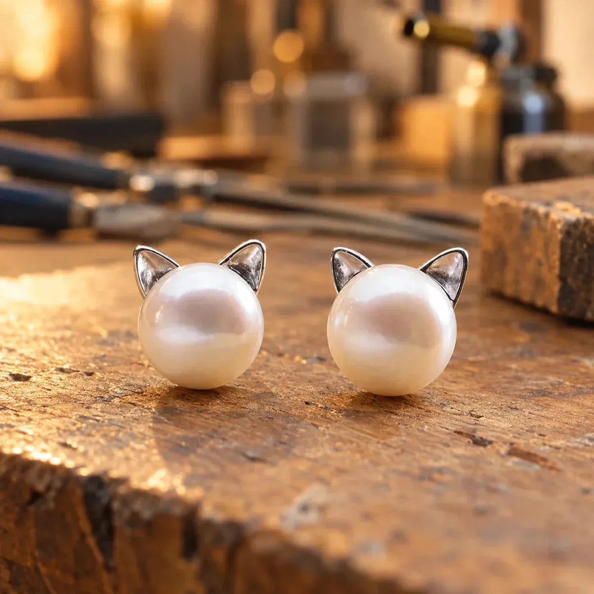 Women's Sterling Silver Cat Pearl Stud Earrings with Open Silhouette