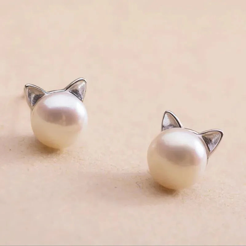 Women's Sterling Silver Cat Pearl Stud Earrings with Open Silhouette