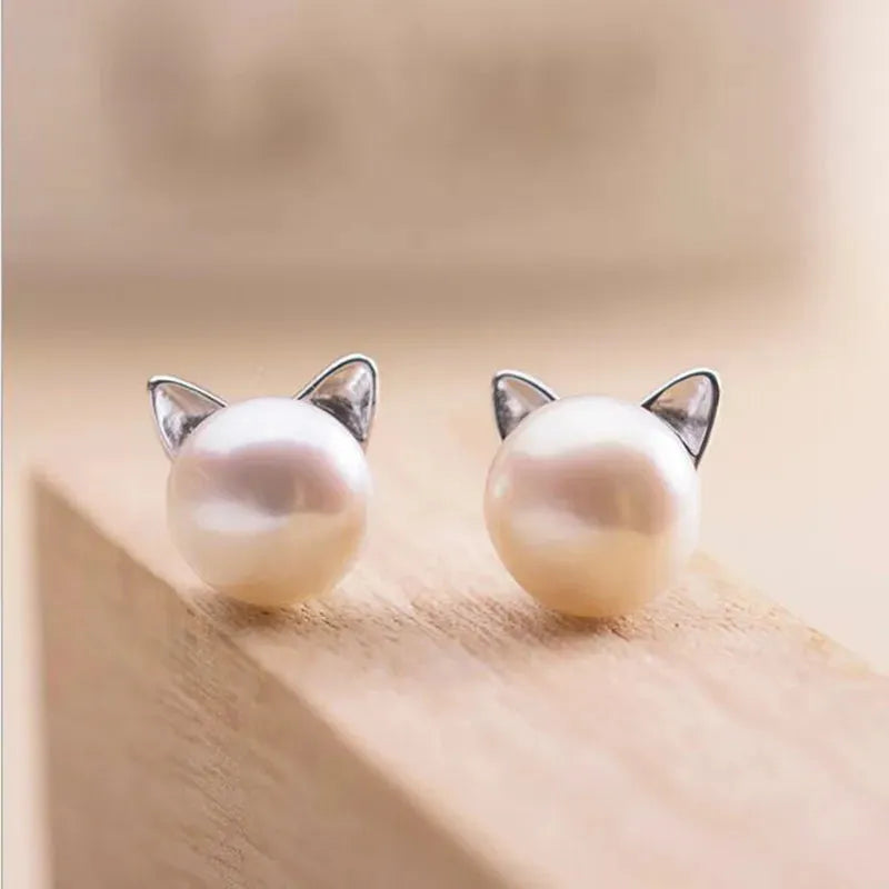 Women's Sterling Silver Cat Pearl Stud Earrings with Open Silhouette