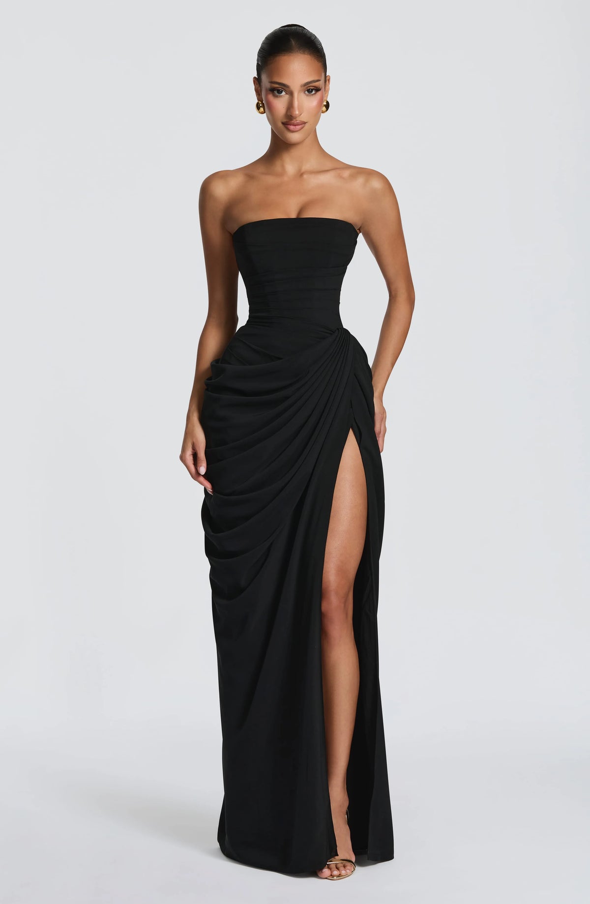 Women's Strapless Corset Maxi Dress with High Slit