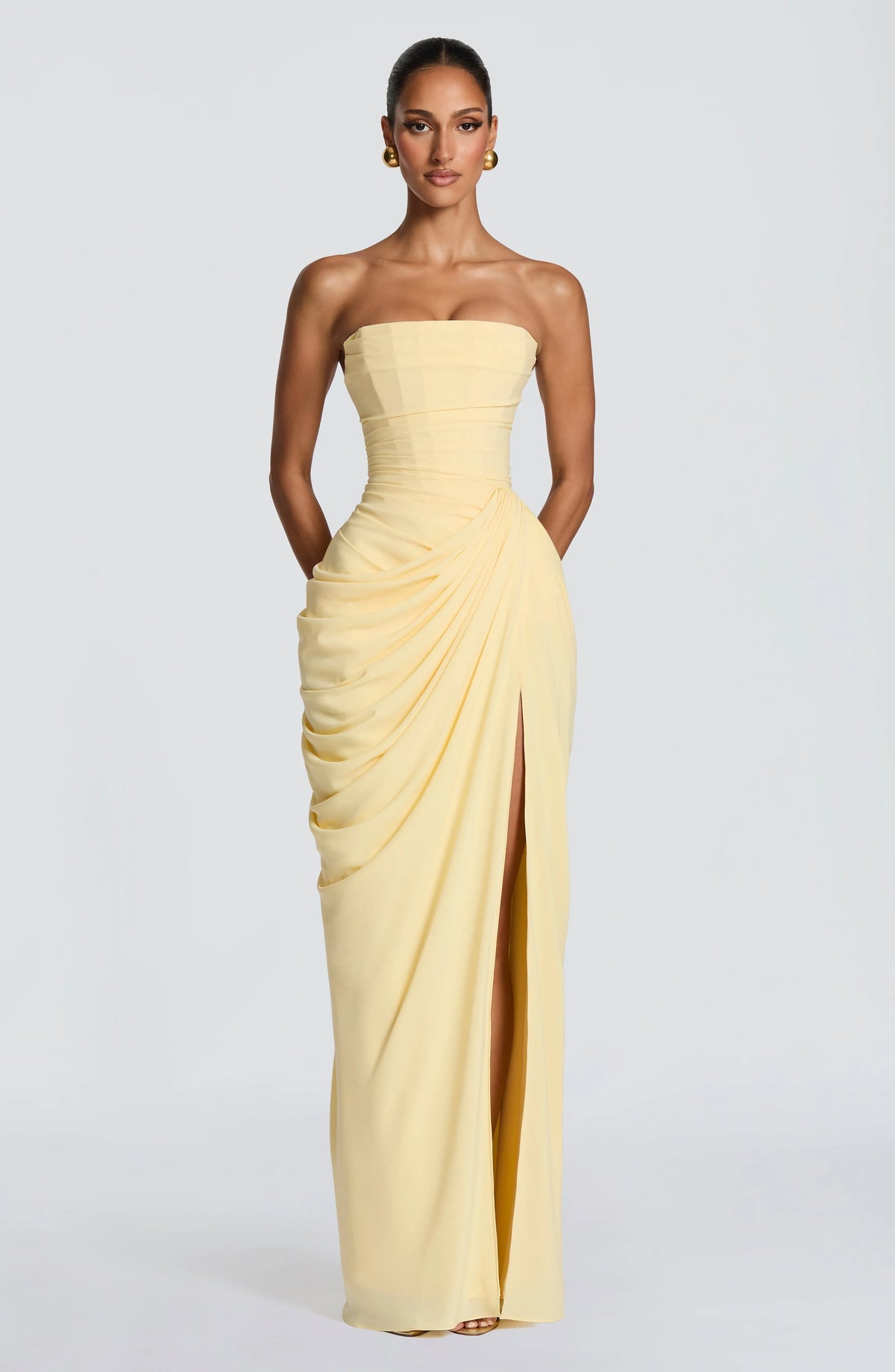 Women's Strapless Corset Maxi Dress with High Slit