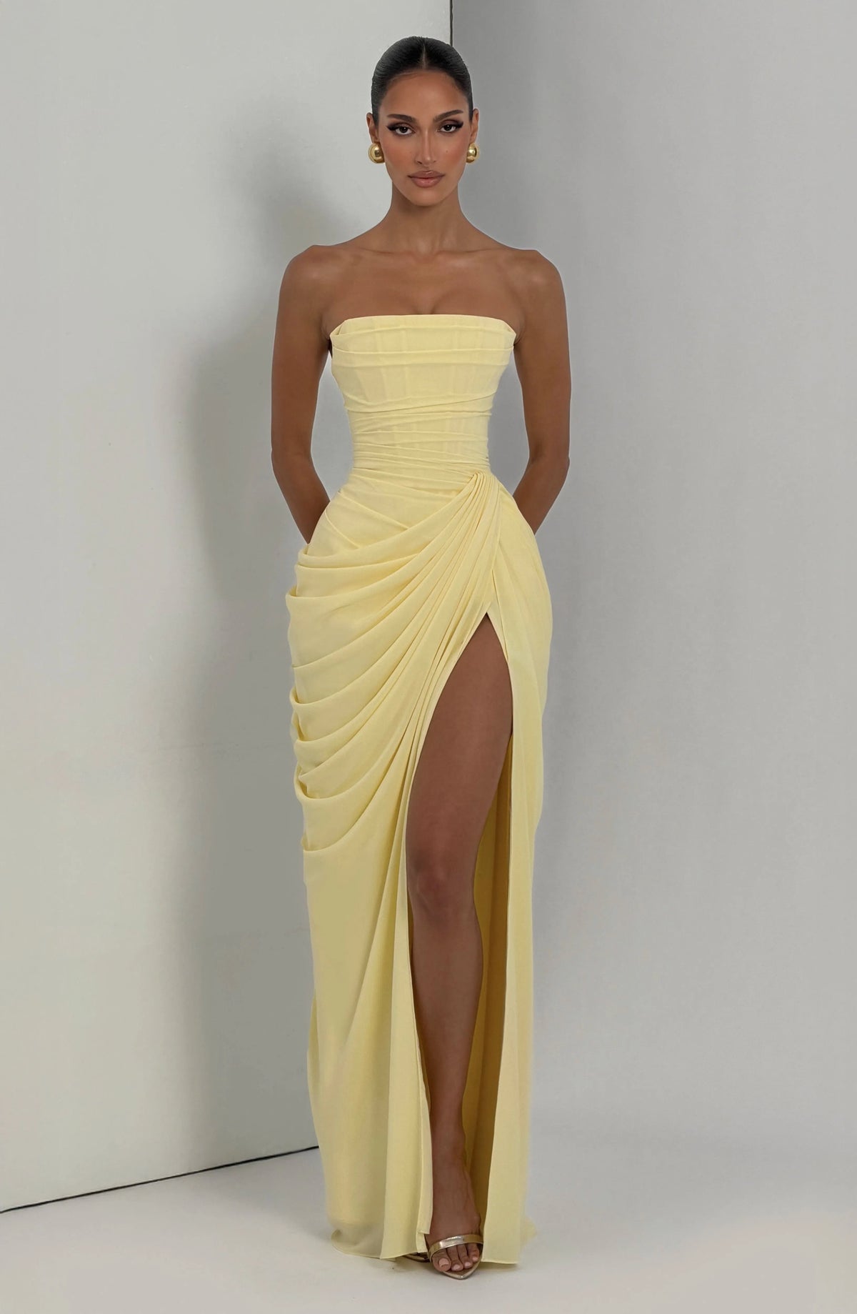 Women's Strapless Corset Maxi Dress with High Slit