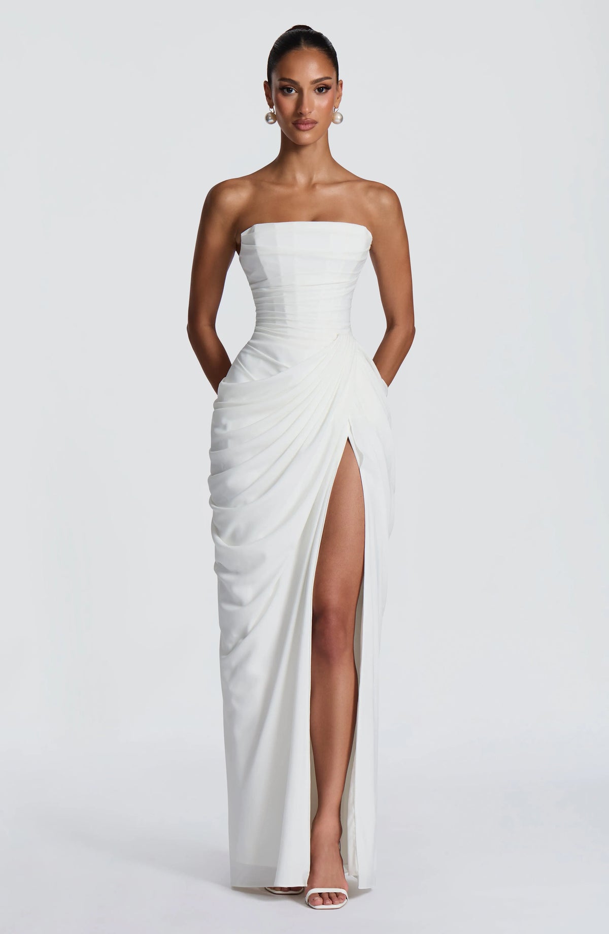 Women's Strapless Corset Maxi Dress with High Slit