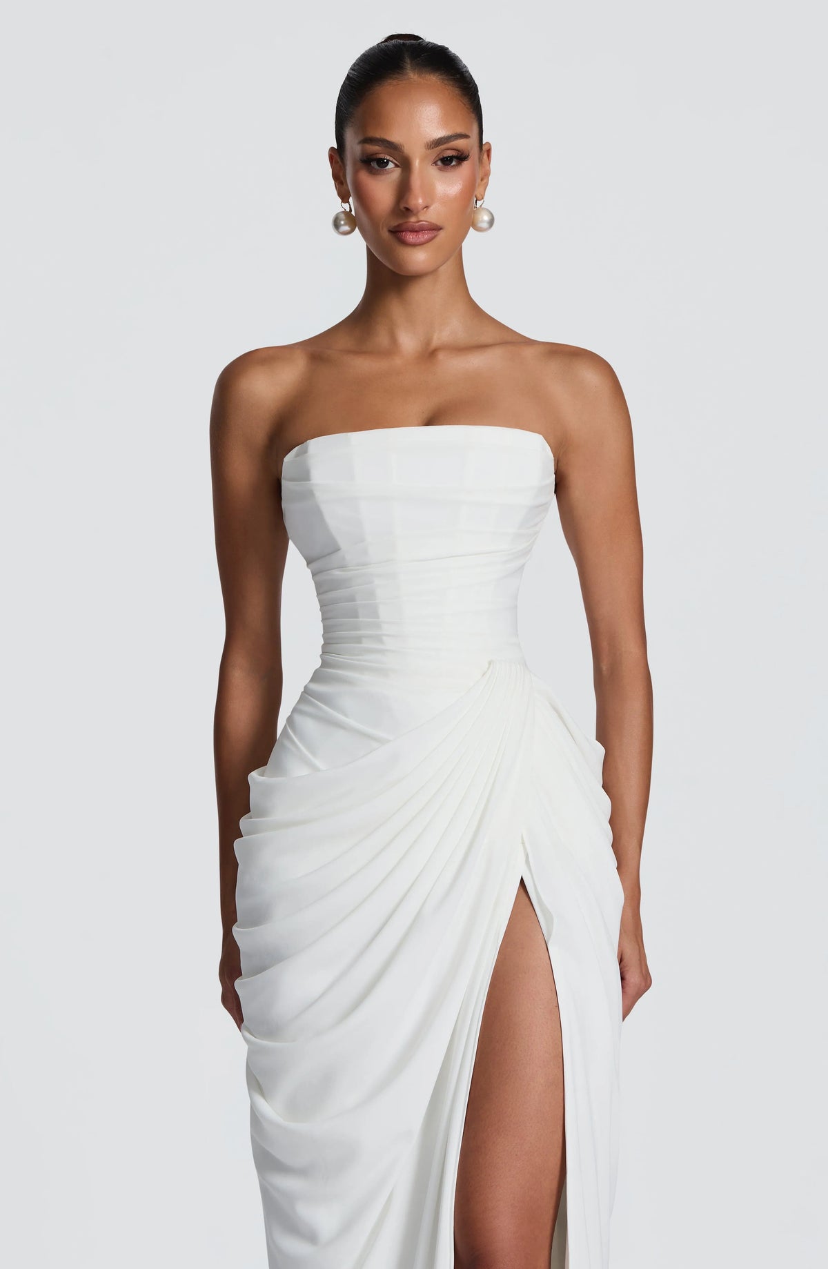 Women's Strapless Corset Maxi Dress with High Slit