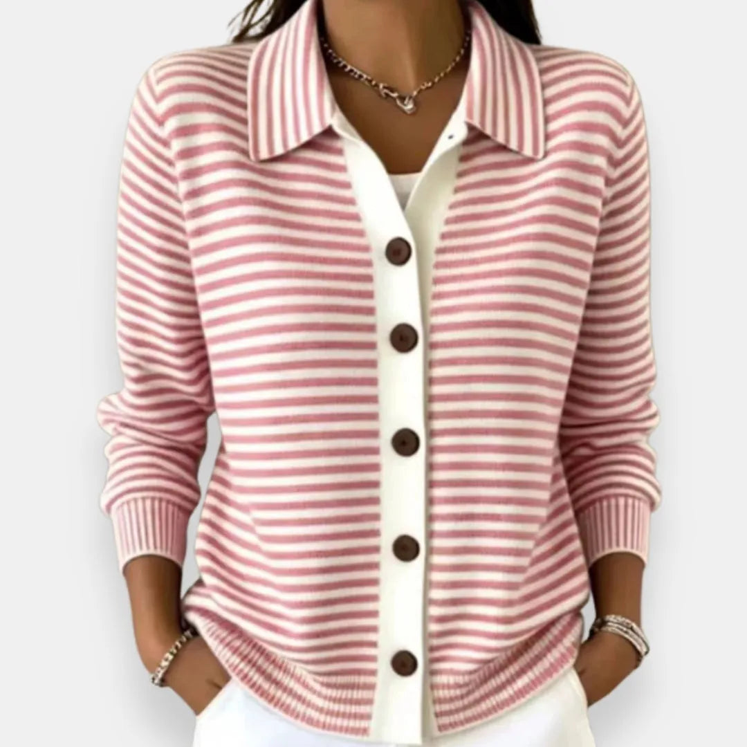 Women's Striped Button-Up Cardigan with Ribbed Cuffs