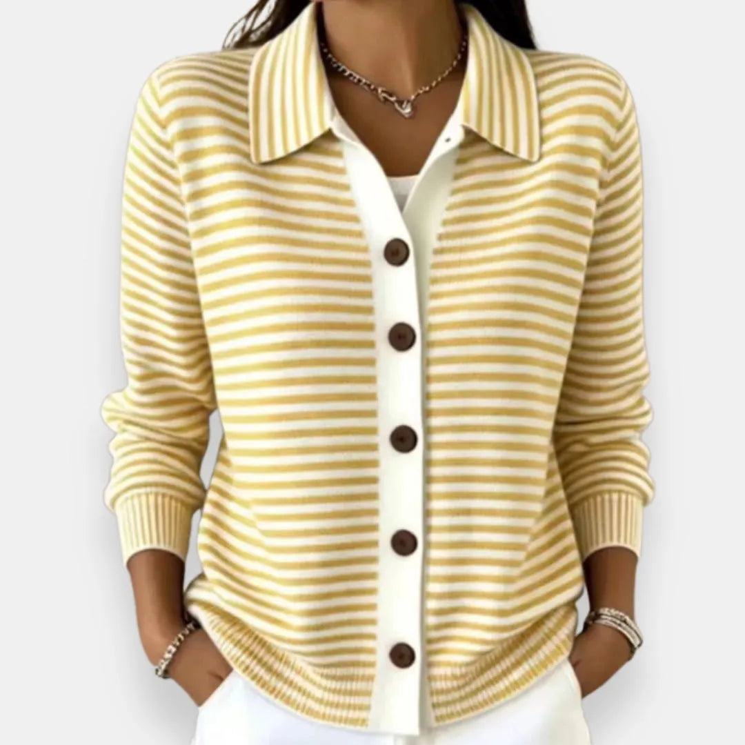 Women's Striped Button-Up Cardigan with Ribbed Cuffs