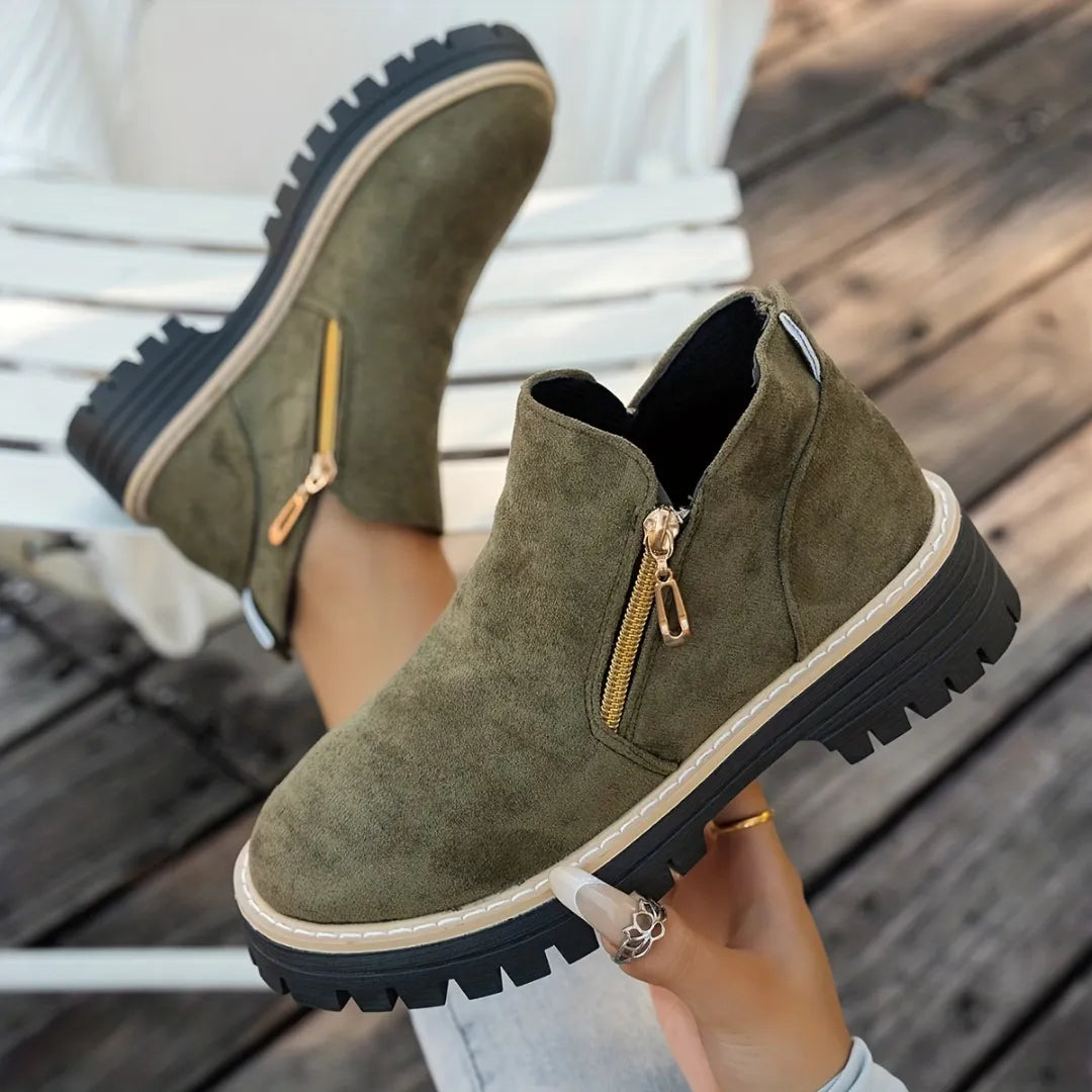 Women's Suede-Look Ankle Boots with Dual Gold-Tone Zippers