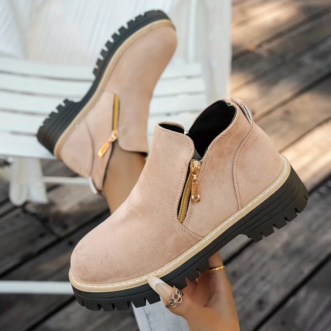 Women's Suede-Look Ankle Boots with Dual Gold-Tone Zippers