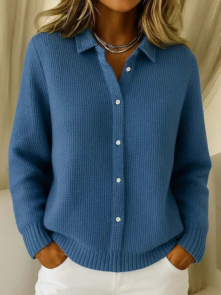 Women's Textured Knit Polo Sweater with Button Placket