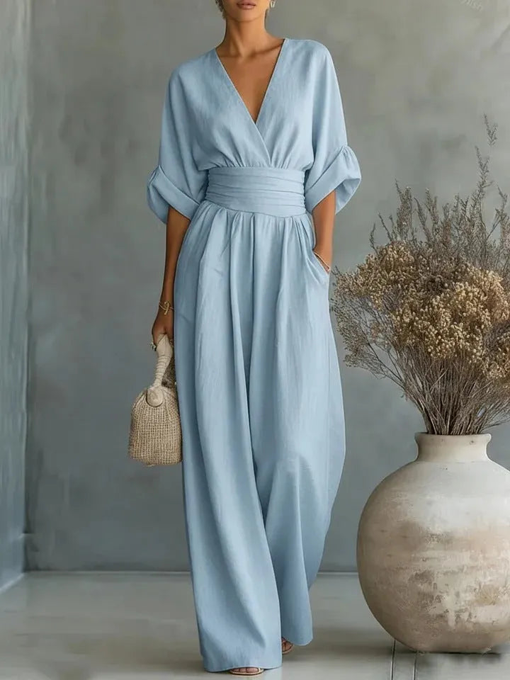 Women's V-Neck Jumpsuit with Wide-Leg Pants