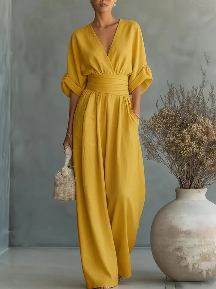 Women's V-Neck Jumpsuit with Wide-Leg Pants