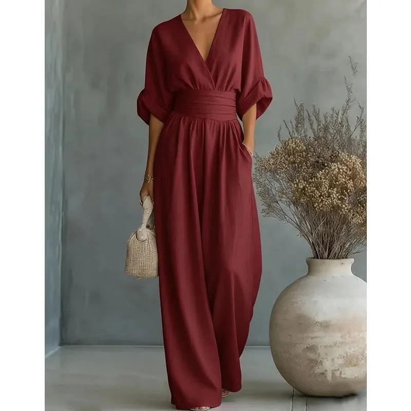 Women's V-Neck Jumpsuit with Wide-Leg Pants