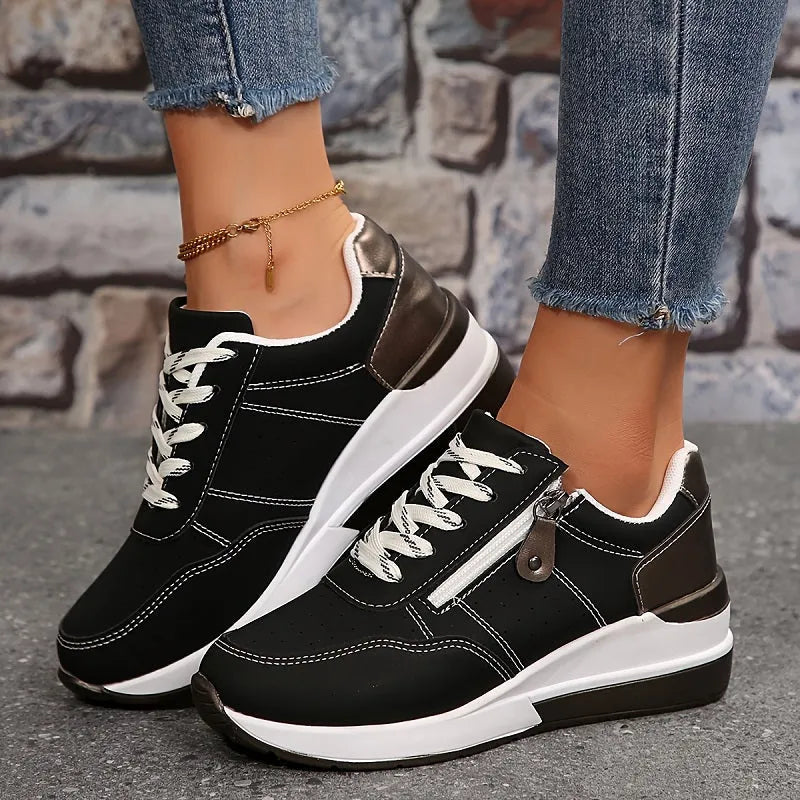 Women's Wedge Sneakers with Side Zipper and Laces
