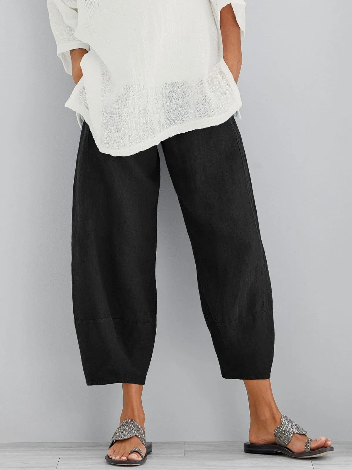 Women's Wide-Leg Cropped Pants with Elastic Waist