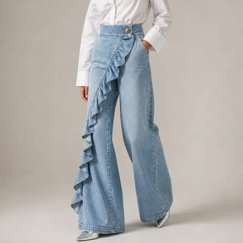 Women's Wide-Leg Culotte Jeans with Asymmetrical Ruffle