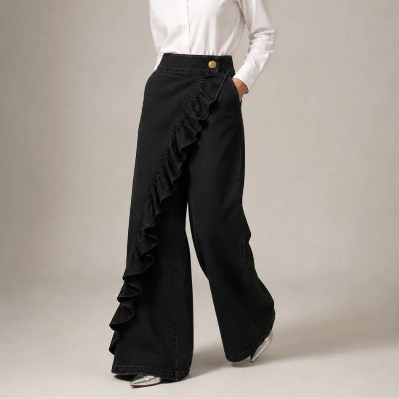 Women's Wide-Leg Culotte Jeans with Asymmetrical Ruffle